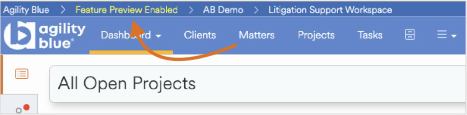 Agility Blue dashboard showing enabled feature preview and open projects section.